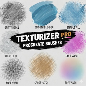 以下が含まれることがあります： Procreate用のデジタルアートブラシの画像。 「Gritty Detail」、「Smooth Blender」、「Stipple Fill」などのさまざまなテクスチャがあります。「TEXTURIZER PRO」と「PROCREATE BRUSHES」のテキストが表示されています。