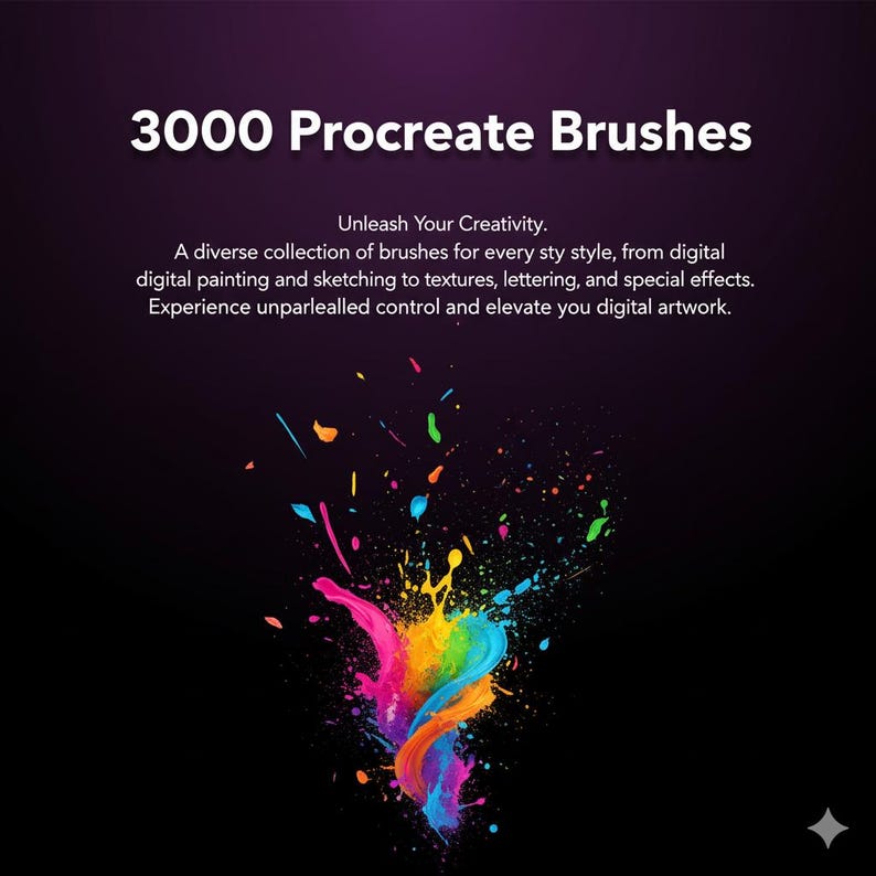 May include: A digital art advertisement with the text "3000 Procreate Brushes." The image features a colorful paint splash design with text that reads "Unleash Your Creativity." The advertisement promotes digital painting and sketching brushes.
