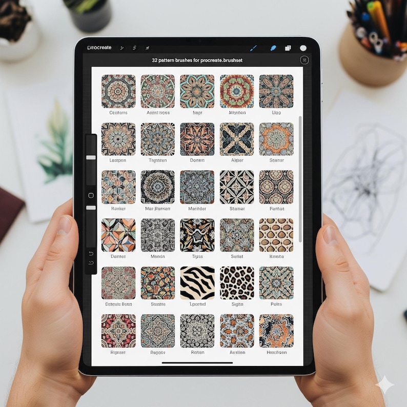May include: A digital tablet displaying a Procreate brush set with 32 patterns. The screen shows various intricate designs, including floral, geometric, and abstract motifs. The text "32 pattern brushes for procreate.brushset" is visible at the top.