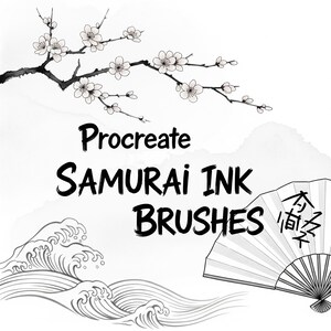 Puede incluir: Gr&aacute;fico de arte digital con el texto "Procreate Samurai Ink Brushes". La imagen presenta una rama con flores blancas, olas estilizadas y un abanico japon&eacute;s. El dise&ntilde;o es en blanco y negro.