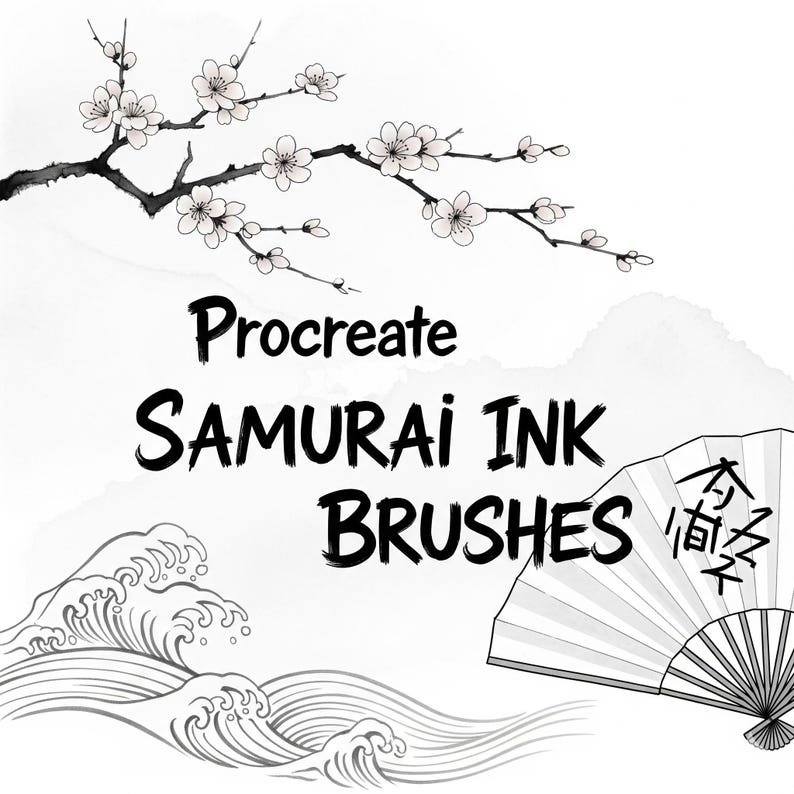 Puede incluir: Gr&aacute;fico de arte digital con el texto "Procreate Samurai Ink Brushes". La imagen presenta una rama con flores blancas, olas estilizadas y un abanico japon&eacute;s. El dise&ntilde;o es en blanco y negro.