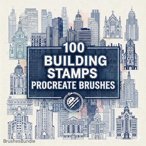 Puede incluir: Conjunto de arte digital con 100 sellos de edificios para pinceles Procreate. La imagen muestra ilustraciones detalladas de varios edificios, incluidos rascacielos e iglesias, en un esquema de color azul y blanco.