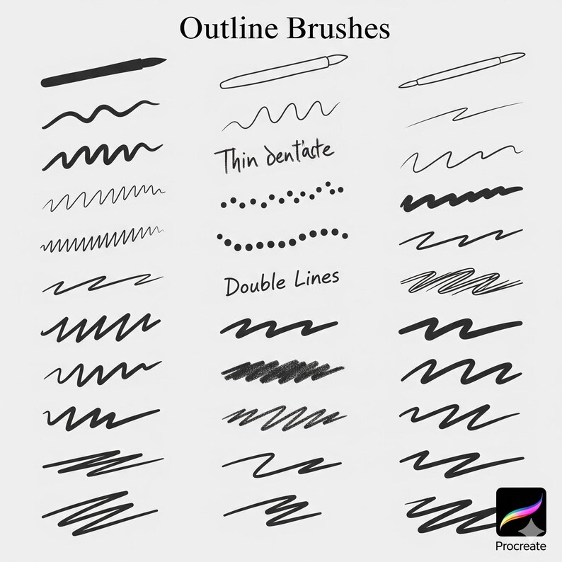 K&ouml;nnte beinhalten: Eine Illustration, die verschiedene Outline-Pinselstile zeigt. Das Bild zeigt Beispiele f&uuml;r unterschiedliche Linienst&auml;rken, Texturen und Muster, darunter wellenf&ouml;rmige, gepunktete und doppellinige Effekte. Der Text "Outline Brushes" und "Thin dentaste" sind sichtbar.