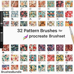May include: A digital art image showcasing 32 pattern brushes for Procreate. The brushes feature various floral and abstract designs in a grid layout. The text "32 Pattern Brushes for Procreate Brushset" is displayed prominently. A paintbrush is visible.