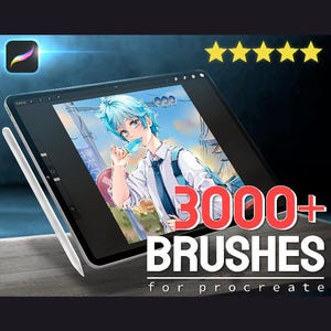 May include: Digital art tablet with a stylus, displaying an anime-style illustration of a person with blue hair. The screen shows the text "3000+ BRUSHES for procreate".