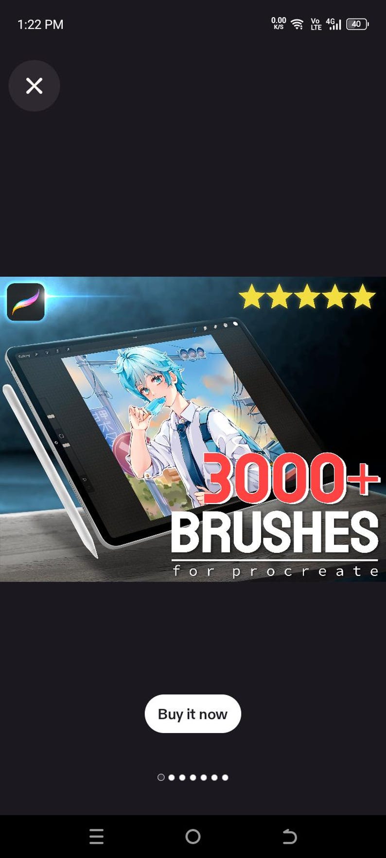 May include: Digital art tablet with a stylus, displaying an anime-style illustration of a person with blue hair. The screen shows the text "3000+ BRUSHES for procreate".