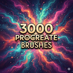 May include: An abstract digital art image with a vibrant, colorful background. The text "3000 PROCREATE BRUSHES" is prominently displayed in a gold font, suggesting a digital art product or resource for Procreate users.