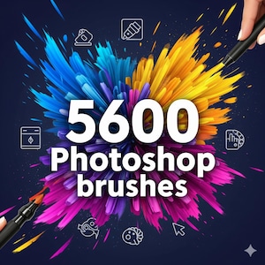 以下が含まれることがあります： 暗い青色の背景を持つデジタルアート画像。青、黄色、紫、ピンクのカラフルなペイントストロークのバーストが特徴です。「5600」の数字と「Photoshop brushes」の文字が表示されています。