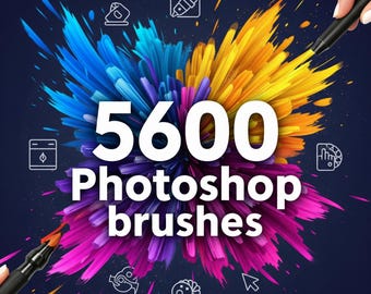 May include: An abstract digital art image with a dark blue background. The image features a burst of colorful paint strokes in blue, yellow, purple, and pink. The number "5600" is prominently displayed, along with the words "Photoshop brushes".