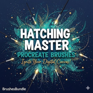 May include: A digital art graphic with the words "HATCHING MASTER" in white, and "PROCREATE BRUSHES" in teal. The phrase "Ignite Your Digital Canvas!" is in gold. Paintbrushes surround a teal and gold feather design on a dark blue background.