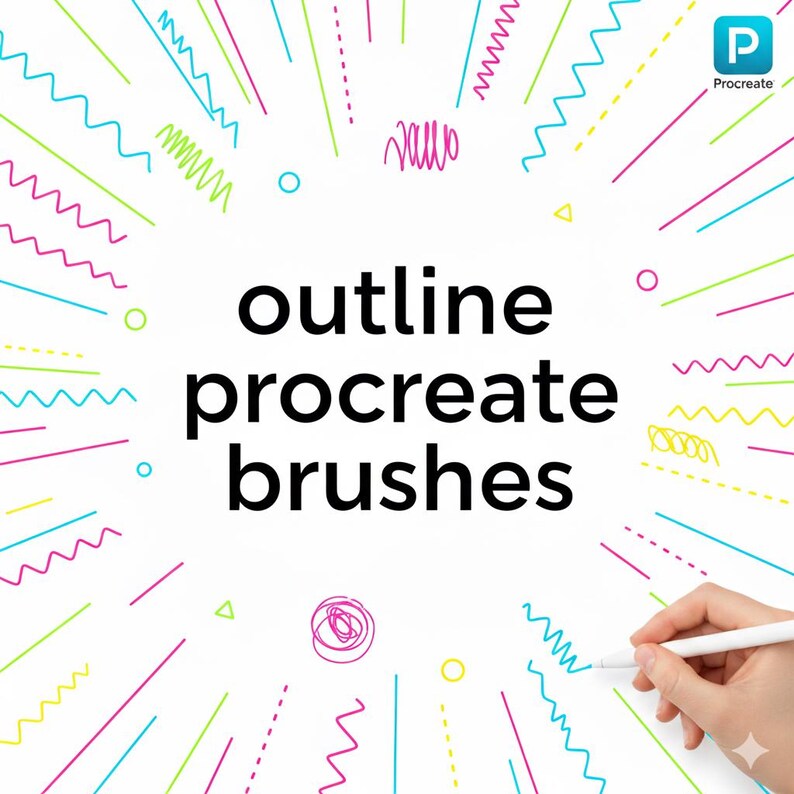 K&ouml;nnte beinhalten: Wei&szlig;er Hintergrund mit bunten Linien und Formen, die vom Zentrum ausgehen. Der Text "outline procreate brushes" ist in fetter schwarzer Schrift. Eine Hand, die einen wei&szlig;en Stift h&auml;lt, zeichnet eine blaue Zickzacklinie.