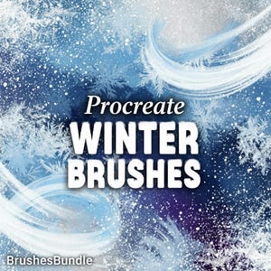 Könnte beinhalten: Grafik für digitale Kunst mit Winterthema. Das Bild zeigt einen blau-weißen Hintergrund mit Schneeflocken und wirbelnden Pinselstrichen. Der Text "Procreate WINTER BRUSHES" ist prominent dargestellt, mit "BrushesBundle" unten.