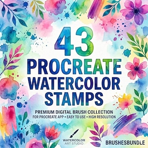 Pode incluir: Gráfico de arte digital com o texto "43 PROCREATE WATERCOLOR STAMPS" em azul e verde. A imagem apresenta elementos florais e abstratos em aquarela em rosa, azul e roxo. O texto "PREMIUM DIGITAL BRUSH COLLECTION" também está incluído.