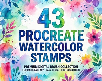 43 tampons aquarelle pour procréer | Tampons pour fleurs, éclaboussures et textures | Parfait pour l'illustration, les pinceaux à procréer, la collection de pinceaux