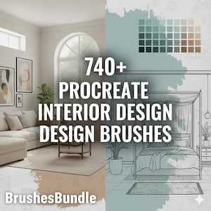 Peut inclure: Image publicitaire pour des pinceaux de design d'intérieur Procreate. Le texte indique "740+ Procreate Interior Design Design Brushes" avec une image divisée d'un salon et d'une esquisse de chambre. La marque "BrushesBundle" est en bas.