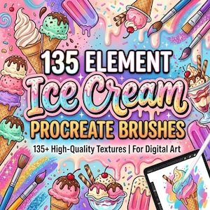 135 Element Ice Cream Procreate Brushes, Sweet treats, Procreate stamps, Dessert Doodles, Clipart, Popsicles, Sticker creater kit