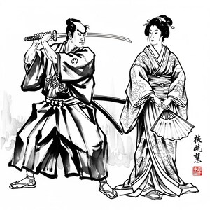 Puede incluir: Dibujo a tinta en blanco y negro de un samur&aacute;i con katana y una mujer en kimono con un abanico. La imagen presenta caligraf&iacute;a japonesa y vestimenta tradicional.