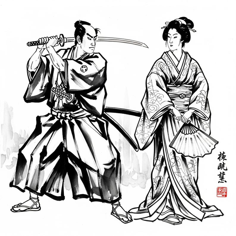 Puede incluir: Dibujo a tinta en blanco y negro de un samur&aacute;i con katana y una mujer en kimono con un abanico. La imagen presenta caligraf&iacute;a japonesa y vestimenta tradicional.