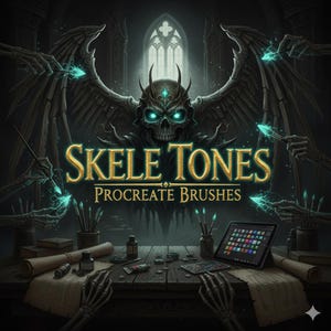 May include: Digital art illustration featuring a skull with glowing blue eyes and horns, wings, and skeletal hands holding glowing brushes. The text "SKELE TONES PROCREATE BRUSHES" is displayed in gold lettering. A tablet and art supplies are on a wooden table.