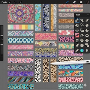 May include: A digital art illustration featuring a variety of colorful patterned designs. The designs include floral, geometric, and animal print patterns. The word "Preate" is visible in the top left corner, and a digital brush tool is on the right.