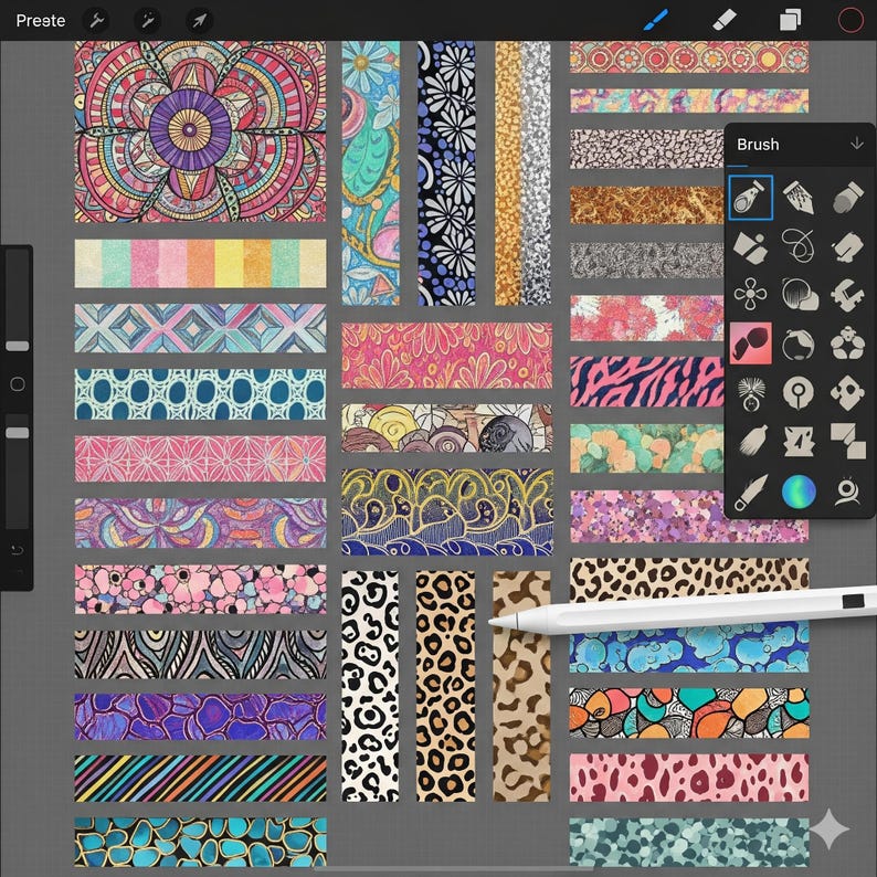 May include: A digital art illustration featuring a variety of colorful patterned designs. The designs include floral, geometric, and animal print patterns. The word "Preate" is visible in the top left corner, and a digital brush tool is on the right.