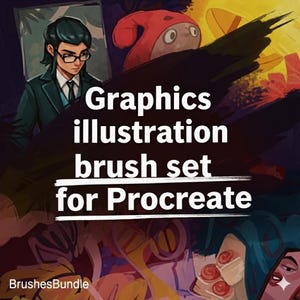 Op de afbeelding: Illustratie penseelset voor digitaal kunst voor Procreate. De afbeelding toont een gestileerde illustratie met een persoon met een bril en een rood wezen. De tekst op de afbeelding luidt "Graphics illustration brush set for Procreate."