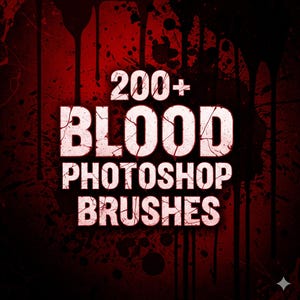 Puede incluir: Gráfico digital con un fondo rojo oscuro y efectos de salpicaduras de sangre. El texto "200+ BLOOD PHOTOSHOP BRUSHES" se muestra en una fuente blanca audaz y agrietada, lo que sugiere un tema de terror o grunge.