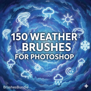 May include: An image with a dark blue and white background featuring various weather icons such as clouds, lightning, and snowflakes. The text "150 WEATHER BRUSHES FOR PHOTOSHOP" is prominently displayed in white. The BrushesBundle logo is at the bottom.