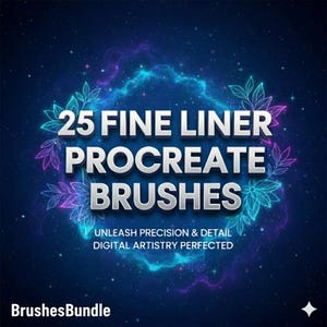 May include: A digital art graphic on a dark blue background with a starry effect. The text reads "25 FINE LINER PROCREATE BRUSHES" in large, bold, white letters. Below, smaller text says "UNLEASH PRECISION & DETAIL DIGITAL ARTISTRY PERFECTED". The words "BrushesBundle" are at the bottom.
