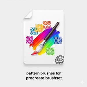 May include: A digital art graphic featuring a paintbrush with a black handle and silver ferrule, creating a rainbow stroke. Several patterned squares in various colors surround the brush. The text "pattern brushes for procreate.brushset" is at the bottom.