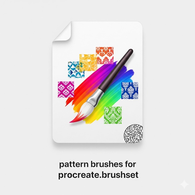 May include: A digital art graphic featuring a paintbrush with a black handle and silver ferrule, creating a rainbow stroke. Several patterned squares in various colors surround the brush. The text "pattern brushes for procreate.brushset" is at the bottom.
