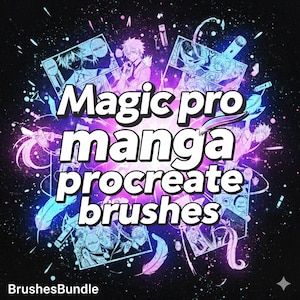Könnte beinhalten: Eine digitale Kunstgrafik mit dem Text "Magic pro manga procreate brushes" in Weiß, Lila und Blau. Das Bild zeigt Manga-Illustrationen und einen dunklen Hintergrund mit farbenfrohen Spritzern und Sternen. Der Text "BrushesBundle" befindet sich unten.