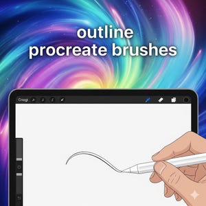 K&ouml;nnte beinhalten: Ein Tablet-Bildschirm zeigt den Text "outline procreate brushes" vor einem bunten, wirbelnden Hintergrund. Eine Hand zeichnet mit einem Stift eine geschwungene Linie. Das Bild deutet auf digitale Kunst hin.