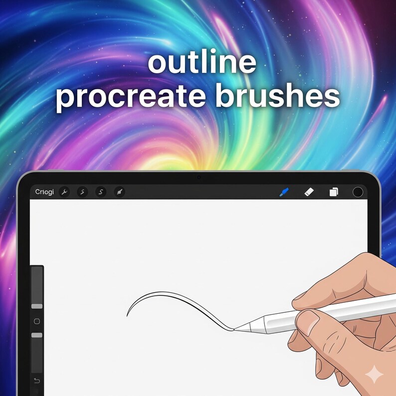 K&ouml;nnte beinhalten: Ein Tablet-Bildschirm zeigt den Text "outline procreate brushes" vor einem bunten, wirbelnden Hintergrund. Eine Hand zeichnet mit einem Stift eine geschwungene Linie. Das Bild deutet auf digitale Kunst hin.