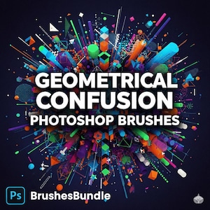 Puede incluir: Una vibrante obra de arte digital con el texto "GEOMETRICAL CONFUSION PHOTOSHOP BRUSHES". El diseño presenta una explosión de formas geométricas coloridas, incluyendo cubos, cilindros y líneas, en tonos de azul, naranja, verde y morado sobre un fondo oscuro.
