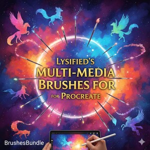 May include: A digital art advertisement featuring a tablet with a stylus, surrounded by paintbrushes and colorful pegasus illustrations. The text reads "Lysified's Multi-Media Brushes for Procreate" and "BrushesBundle". The background is a vibrant mix of blues, purples, and oranges.