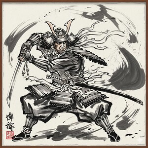 Puede incluir: Dibujo a tinta en blanco y negro de un guerrero samur&aacute;i en acci&oacute;n, empu&ntilde;ando dos espadas. La obra de arte presenta pinceladas din&aacute;micas y una armadura tradicional. Caracteres japoneses visibles en la esquina inferior izquierda.