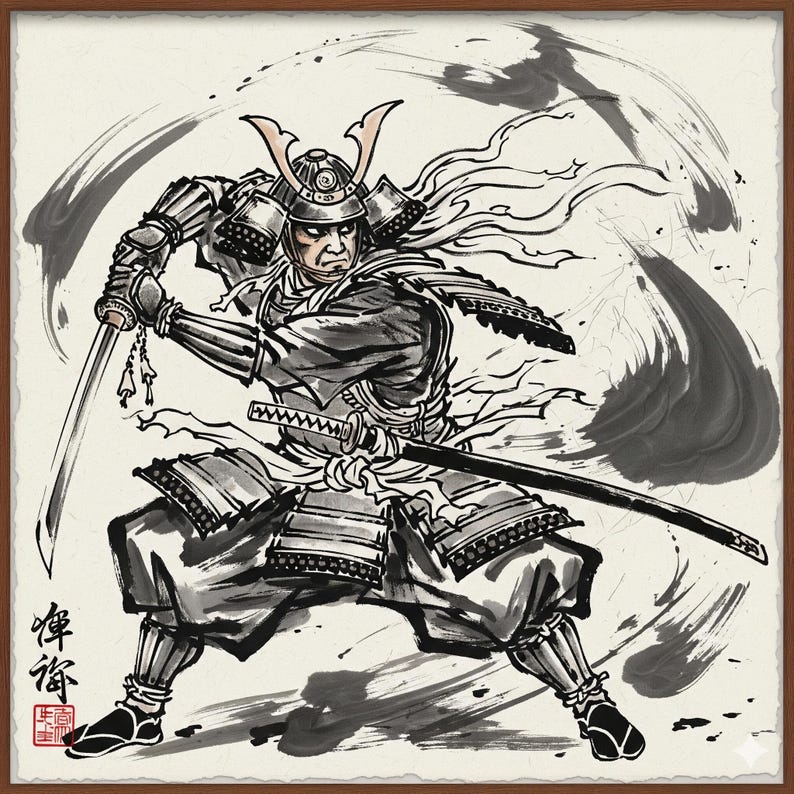 Puede incluir: Dibujo a tinta en blanco y negro de un guerrero samur&aacute;i en acci&oacute;n, empu&ntilde;ando dos espadas. La obra de arte presenta pinceladas din&aacute;micas y una armadura tradicional. Caracteres japoneses visibles en la esquina inferior izquierda.