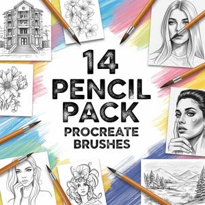May include: An image featuring a collection of Procreate brushes, labeled as a "14 Pencil Pack." The image includes several drawings of flowers, buildings, and portraits, each accompanied by a paintbrush. The overall aesthetic is artistic and creative.
