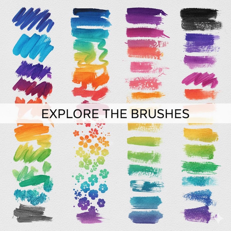 May include: A collection of colorful brushstrokes in various hues, including blue, green, orange, and purple. The image also features floral patterns and the text "EXPLORE THE BRUSHES."