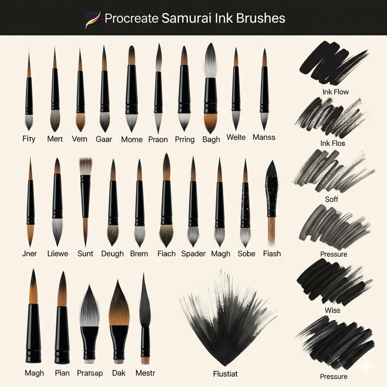 Puede incluir: Imagen que muestra una colecci&oacute;n de pinceles de tinta Procreate Samurai. Los pinceles tienen mangos negros y varias formas de cabezal. La imagen tambi&eacute;n muestra ejemplos de trazos de tinta, etiquetados como "Ink Flow", "Ink Flos", "Soft", "Pressure" y "Wiss".
