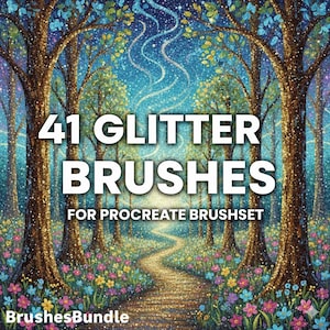May include: An illustrated digital art image with the text "41 Glitter Brushes for Procreate Brushset." The artwork depicts a sparkling forest scene with a path leading through the trees, and colorful flowers at the base of the trees.