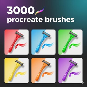 May include: An image with the text "3000 Procreate brushes" above six colorful razors. The razors are red, blue, green, yellow, orange, and purple. Each razor has a matching colored curved line emanating from it.