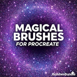 May include: A digital art graphic with a sparkling purple and blue background. The words "MAGICAL BRUSHES" are in large white letters, with "FOR PROCREATE" below. The text "BrushesBundle" is in the bottom right corner.