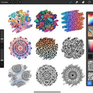 May include: A digital art display featuring nine colorful designs. The designs include floral patterns, animal prints, and mandala-style illustrations. The color palette ranges from vibrant hues to black and white, suitable for various creative projects.