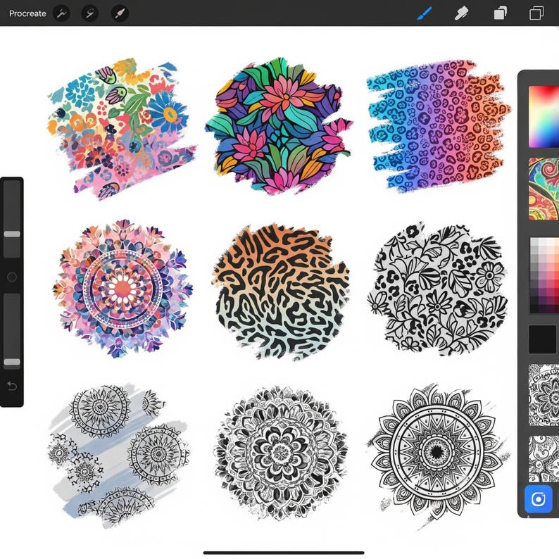 May include: A digital art display featuring nine colorful designs. The designs include floral patterns, animal prints, and mandala-style illustrations. The color palette ranges from vibrant hues to black and white, suitable for various creative projects.