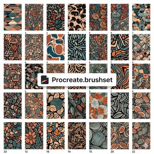 May include: A collection of 32 digital art patterns in various styles, including geometric shapes, floral designs, and abstract compositions. The color palette features earthy tones like brown, orange, and teal, with a few patterns incorporating black outlines. The text "Procreate.brushset" is visible.