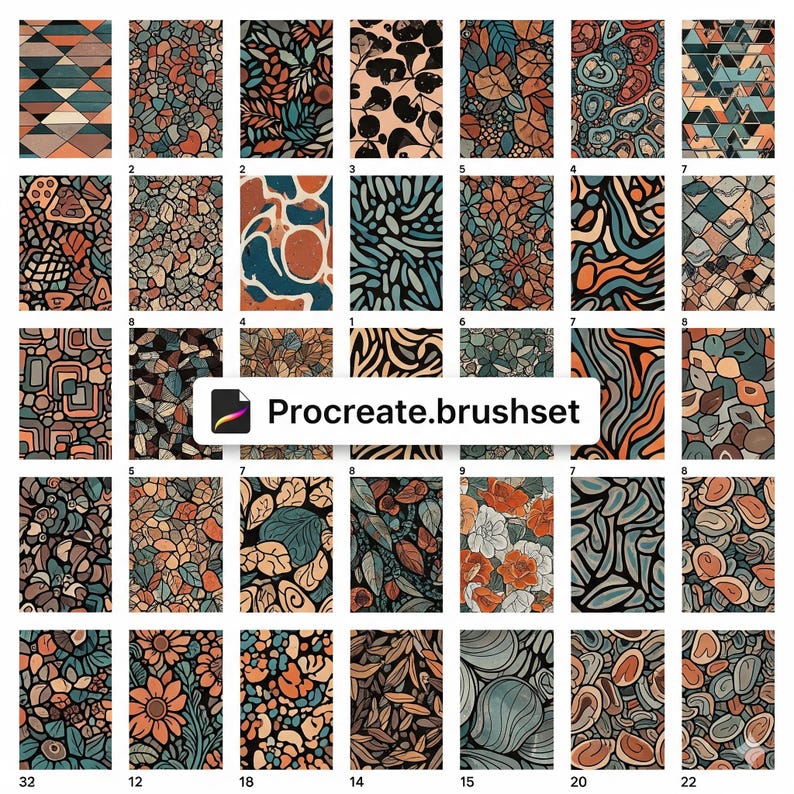 May include: A collection of 32 digital art patterns in various styles, including geometric shapes, floral designs, and abstract compositions. The color palette features earthy tones like brown, orange, and teal, with a few patterns incorporating black outlines. The text "Procreate.brushset" is visible.