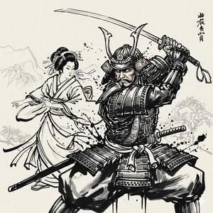 Puede incluir: Dibujo a tinta en blanco y negro de un samur&aacute;i con armadura empu&ntilde;ando una katana, con una geisha con kimono al fondo. La obra de arte utiliza efectos de salpicaduras de tinta, evocando una est&eacute;tica tradicional japonesa.