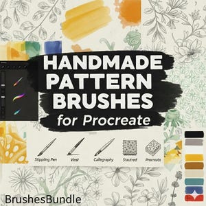 Op de afbeelding: Digitale kunstpenselen voor Procreate. De afbeelding toont de tekst "HANDMADE PATTERN BRUSHES for Procreate" op een zwarte achtergrond. De afbeelding toont ook een digitale kunsttablet met penselen en kleurstalen.